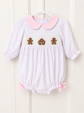 Pink Smocked Gingerbread Bubble One-Piece for Kids